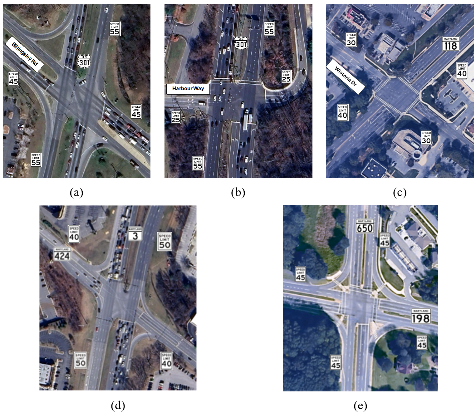 Figure 9. Geometries and speed limits of five selected intersections. (a) US301@Billingsley Rd; (b) US301@Harbour Way; (c) MD118@Wisteria Dr; (d) MD3@MD424; (e) MD198@MD650